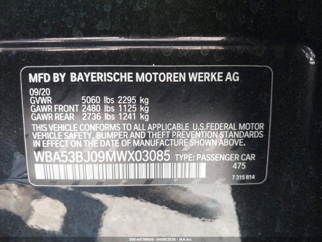 Aukcja sprzedaży 2021 Bmw 540i, vin: WBA53BJ09MWX03085, numer aukcji: 44796686