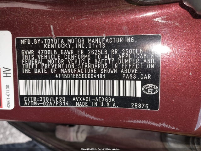 Aukcja sprzedaży 2013 Toyota Avalon Hybrid Xle Premium, vin: 4T1BD1EB5DU004181, numer aukcji: 44796692
