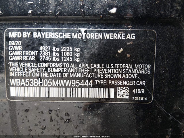 44796698 :رقم المزاد ، WBA53BH05MWW95444 vin ، 2021 Bmw 530i مزاد بيع