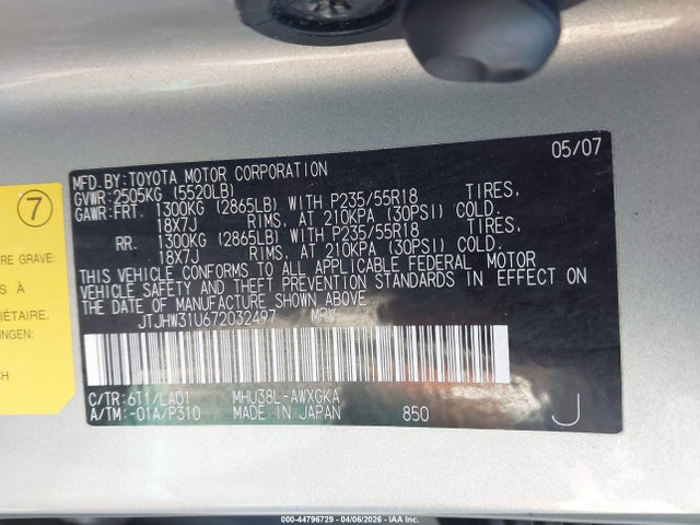 44796729 :رقم المزاد ، JTJHW31U672032497 vin ، 2007 Lexus Rx 400h مزاد بيع