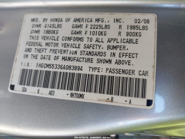 Aukcja sprzedaży 2006 Honda Accord 2.4 Se, vin: 1HGCM55336A083994, numer aukcji: 44796730