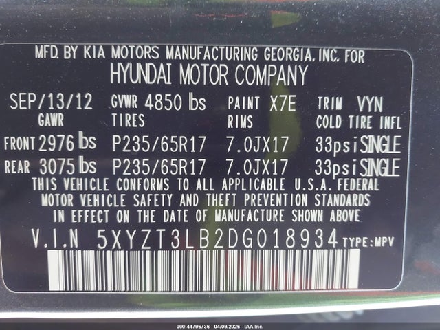 Aukcja sprzedaży 2013 Hyundai Santa Fe Sport, vin: 5XYZT3LB2DG018934, numer aukcji: 44796736