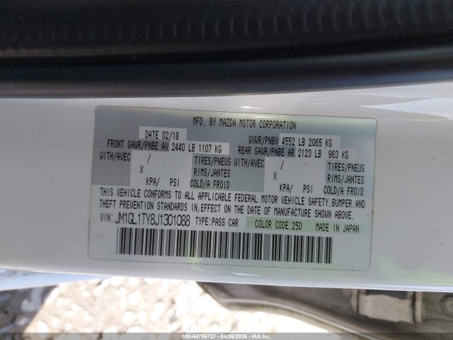 Продаж на аукціоні авто 2018 Mazda Mazda6 Grand Touring, vin: JM1GL1TY8J1301088, номер лоту: 44796737