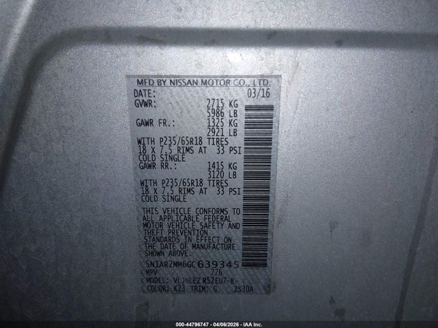 5N1AR2MM6GC639345 Nissan Pathfinder Platinum/s/sl/sv