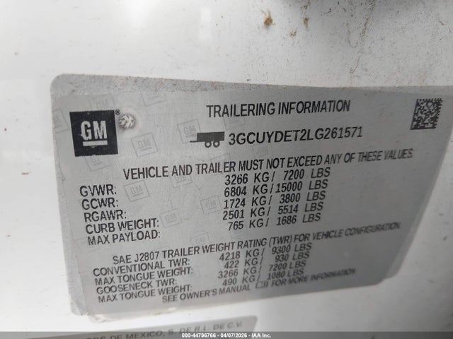 Aukcja sprzedaży 2020 Chevrolet Silverado 1500 4wd  Short Bed Lt, vin: 3GCUYDET2LG261571, numer aukcji: 44796766