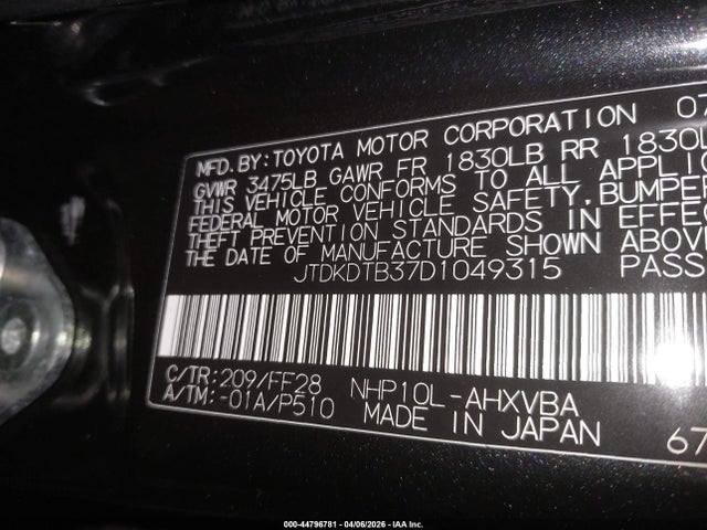 44796781 :رقم المزاد ، JTDKDTB37D1049315 vin ، 2013 Toyota Prius C Two مزاد بيع