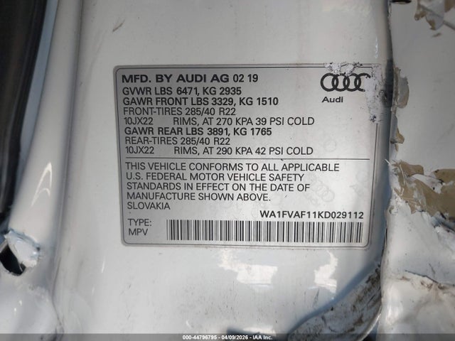 Aukcja sprzedaży 2019 Audi Q8 55 Premium, vin: WA1FVAF11KD029112, numer aukcji: 44796795