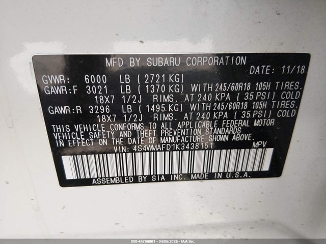 44796801 :رقم المزاد ، 4S4WMAFD1K3438151 vin ، 2019 Subaru Ascent Premium مزاد بيع