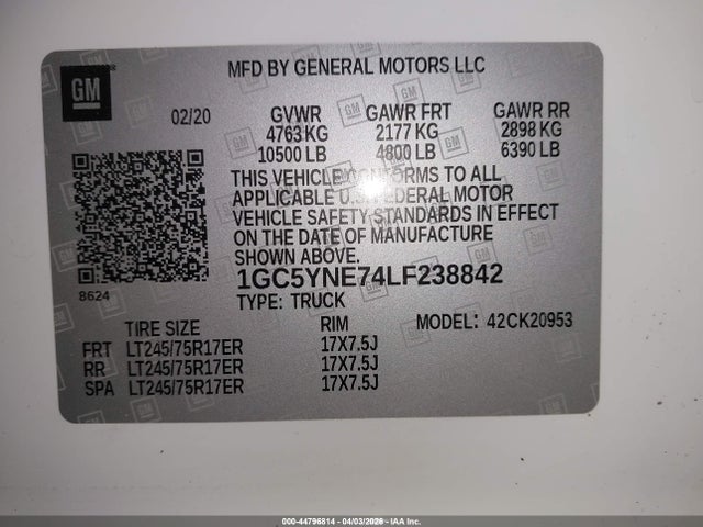44796814 :رقم المزاد ، 1GC5YNE74LF238842 vin ، 2020 Chevrolet Silverado 2500hd 4wd  Long Bed Lt مزاد بيع