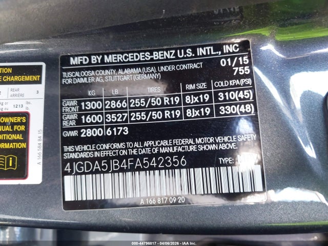 Aukcja sprzedaży 2015 Mercedes-benz Ml 350, vin: 4JGDA5JB4FA542356, numer aukcji: 44796817