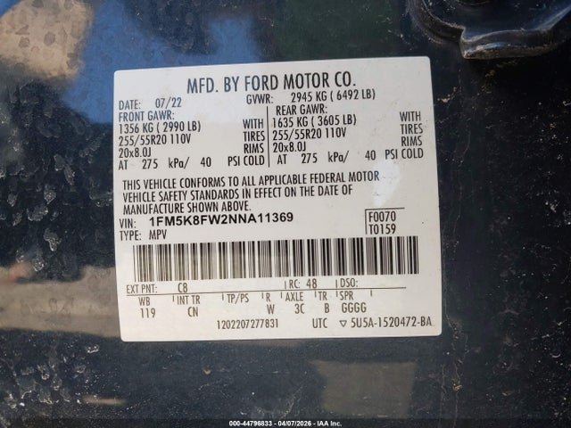 Aukcja sprzedaży 2022 Ford Explorer Limited, vin: 1FM5K8FW2NNA11369, numer aukcji: 44796833