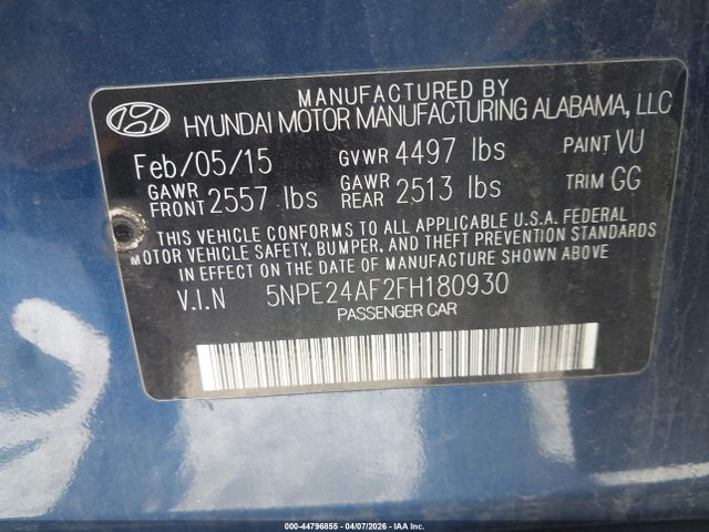 Aukcja sprzedaży 2015 Hyundai Sonata Se, vin: 5NPE24AF2FH180930, numer aukcji: 44796855