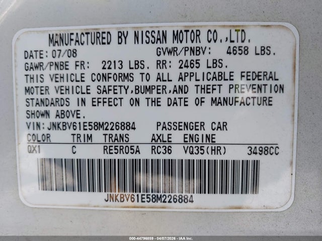 2008 Infiniti G35 Journey მანქანა იყიდება აუქციონზე, vin: JNKBV61E58M226884, აუქციონის ნომერი: 44796859