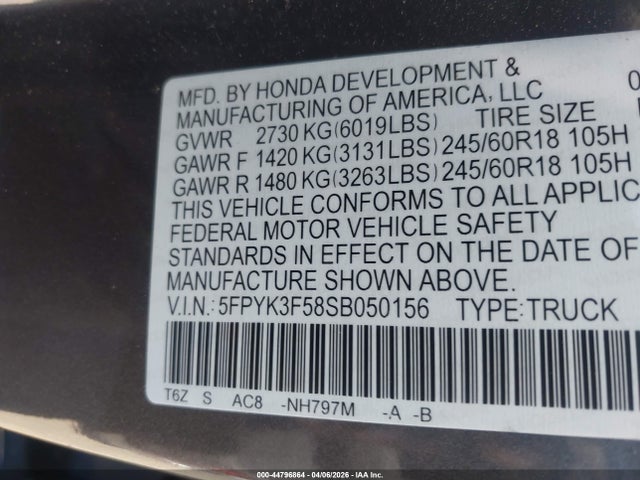 Продажа на аукционе авто 2025 Honda Ridgeline Rtl, vin: 5FPYK3F58SB050156, номер лота: 44796864
