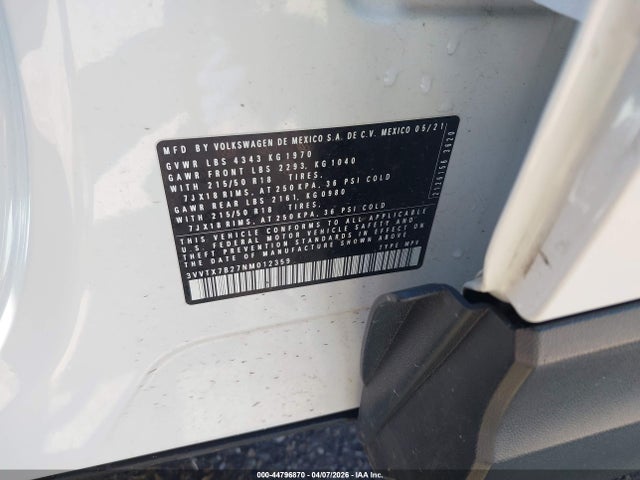2022 Volkswagen Taos 1.5t Se მანქანა იყიდება აუქციონზე, vin: 3VVTX7B27NM012359, აუქციონის ნომერი: 44796870