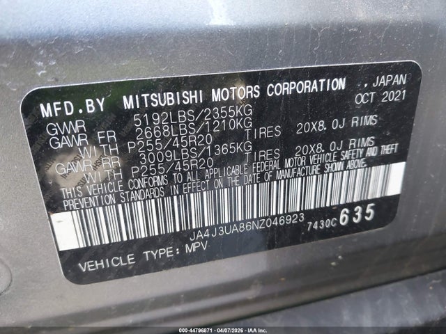 2022 Mitsubishi Outlander Se 2.5 2wd მანქანა იყიდება აუქციონზე, vin: JA4J3UA86NZ046923, აუქციონის ნომერი: 44796871