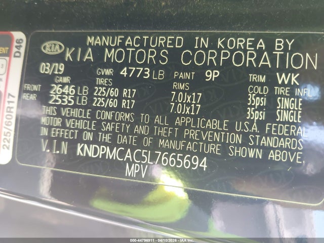 44796911 :رقم المزاد ، KNDPMCAC5L7665694 vin ، 2020 Kia Sportage Lx مزاد بيع