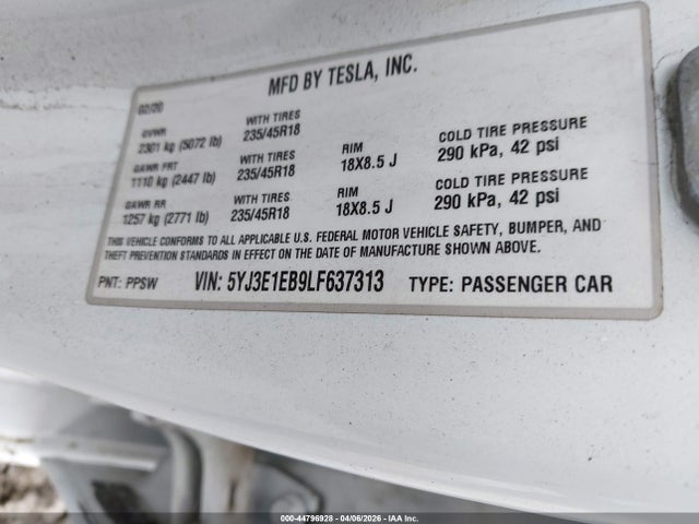 Tesla Model 3 Long Range Dual Motor All-wheel Drive 2020 5YJ3E1EB9LF637313 Image 9