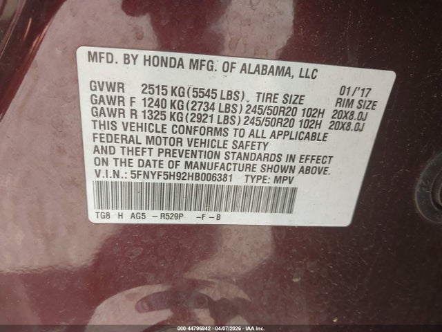 2017 HONDA PILOT 5FNYF5H92HB006381 Photo 8