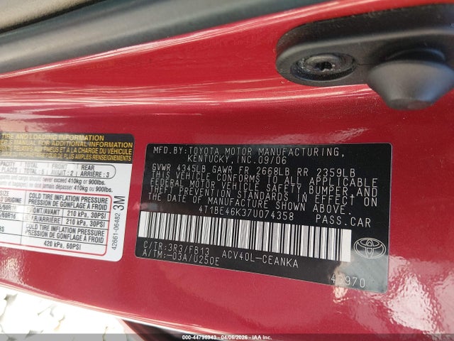 2007 Toyota Camry Le მანქანა იყიდება აუქციონზე, vin: 4T1BE46K37U074358, აუქციონის ნომერი: 44796943
