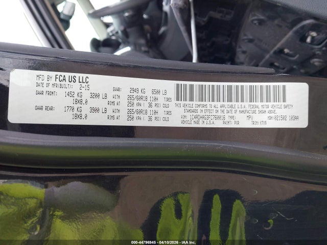 44796945 :رقم المزاد ، 1C4RDHAG3FC760016 vin ، 2015 Dodge Durango Sxt مزاد بيع