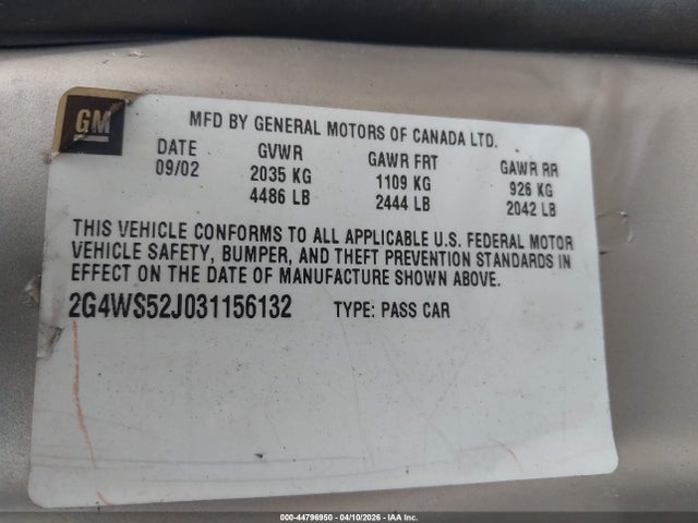 Продаж на аукціоні авто 2003 Buick Century Custom, vin: 2G4WS52J031156132, номер лоту: 44796950