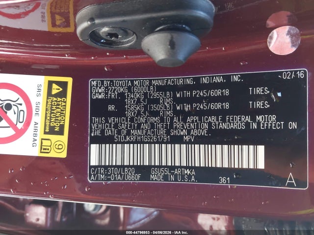 2016 Toyota Highlander Xle V6 მანქანა იყიდება აუქციონზე, vin: 5TDJKRFH1GS261791, აუქციონის ნომერი: 44796953