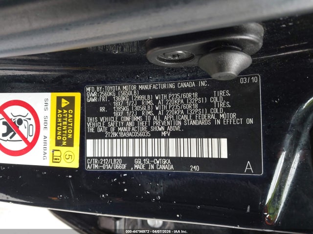 44796972 :رقم المزاد ، 2T2BK1BA9AC056035 vin ، 2010 Lexus Rx 350 مزاد بيع