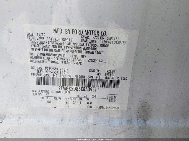 Ford Flex Limited 2019 2FMGK5D85KBA39511 Image 9