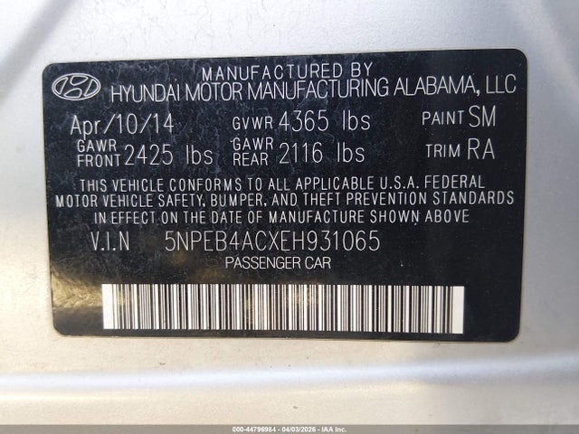 Продаж на аукціоні авто 2014 Hyundai Sonata Gls, vin: 5NPEB4ACXEH931065, номер лоту: 44796984