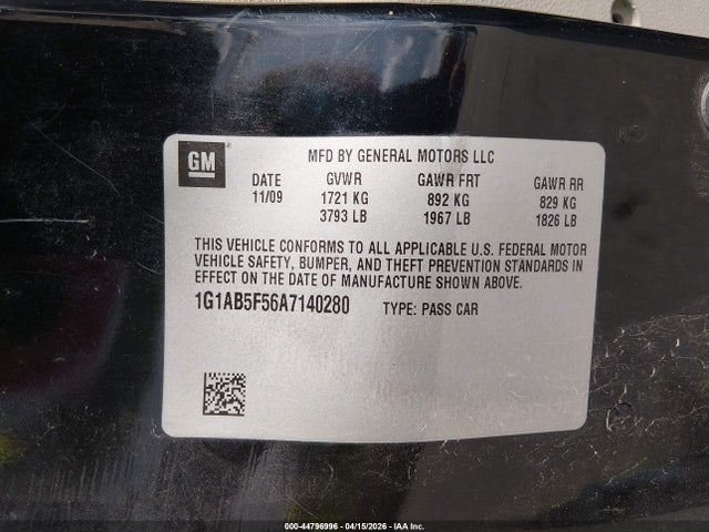 Продаж на аукціоні авто 2010 Chevrolet Cobalt Ls, vin: 1G1AB5F56A7140280, номер лоту: 44796996