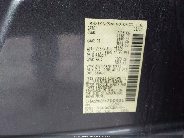 5N1AZ2MG0FN200901 Nissan Murano Platinum