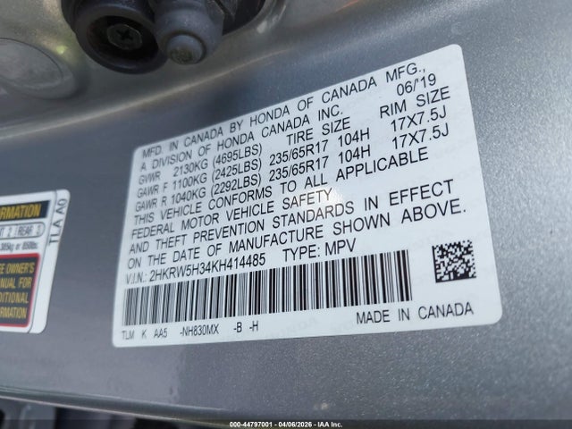 44797001 :رقم المزاد ، 2HKRW5H34KH414485 vin ، 2019 Honda Cr-v Lx مزاد بيع