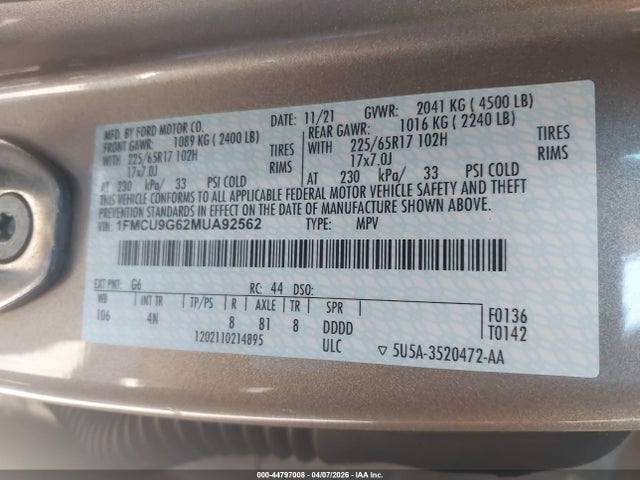2021 FORD ESCAPE 1FMCU9G62MUA92562 Photo 8