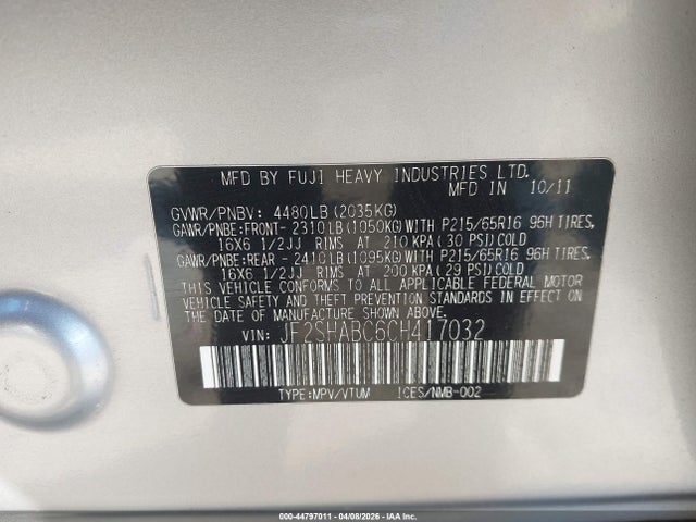 2012 Subaru Forester 2.5x მანქანა იყიდება აუქციონზე, vin: JF2SHABC6CH417032, აუქციონის ნომერი: 44797011