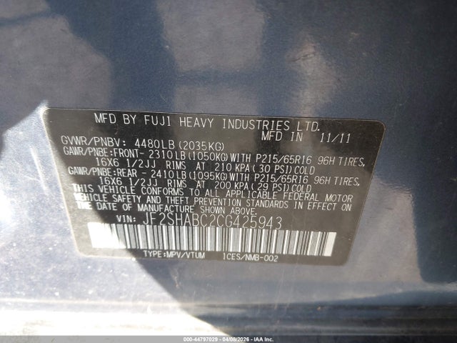 Продажа на аукционе авто 2012 Subaru Forester 2.5x, vin: JF2SHABC2CG425943, номер лота: 44797029