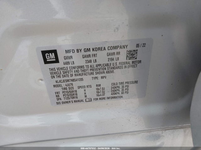 44797032 :رقم المزاد ، KL4CJESM7NB541205 vin ، 2022 Buick Encore Awd Preferred مزاد بيع