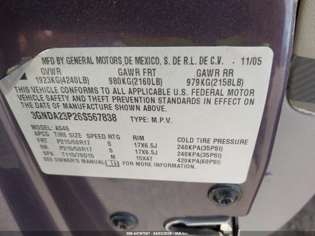Продаж на аукціоні авто 2006 Chevrolet Hhr Lt, vin: 3GNDA23P26S567838, номер лоту: 44797057