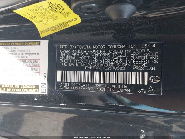 44797058 :رقم المزاد ، JTHFE2C21E2510582 vin ، 2014 Lexus Is 350c مزاد بيع