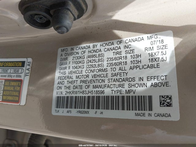 2HKRW1H83JH518596 Honda Cr-v Ex-l/ex-l Navi