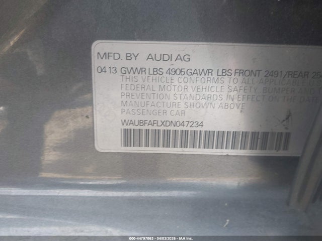 44797063 :رقم المزاد ، WAUBFAFLXDN047234 vin ، 2013 Audi A4 2.0t Premium مزاد بيع