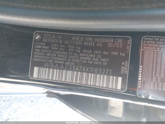 2004 Bmw 325i მანქანა იყიდება აუქციონზე, vin: WBAAZ33474KP83271, აუქციონის ნომერი: 44797085