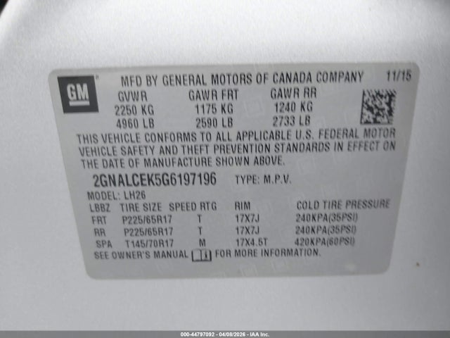 2016 Chevrolet Equinox Lt მანქანა იყიდება აუქციონზე, vin: 2GNALCEK5G6197196, აუქციონის ნომერი: 44797092