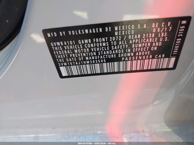 44797094 :رقم المزاد ، 3VW167AJ1HM383505 vin ، 2017 Volkswagen Jetta 1.4t S مزاد بيع