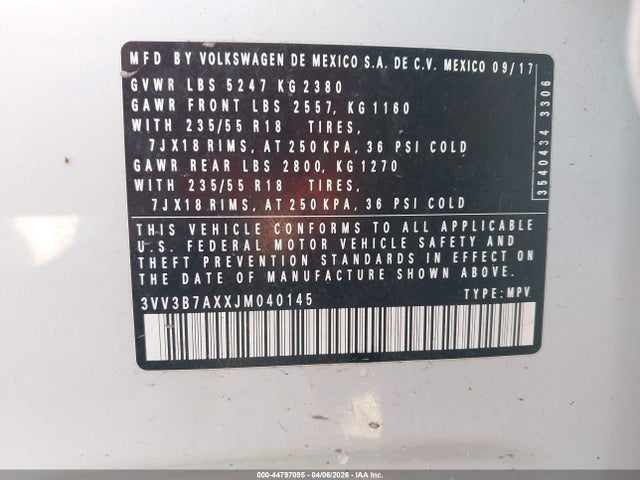 44797095 :رقم المزاد ، 3VV3B7AXXJM040145 vin ، 2018 Volkswagen Tiguan 2.0t Se/2.0t Sel مزاد بيع