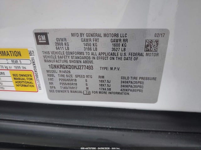 1GNKRGKD0HJ277493 Chevrolet Traverse 1lt