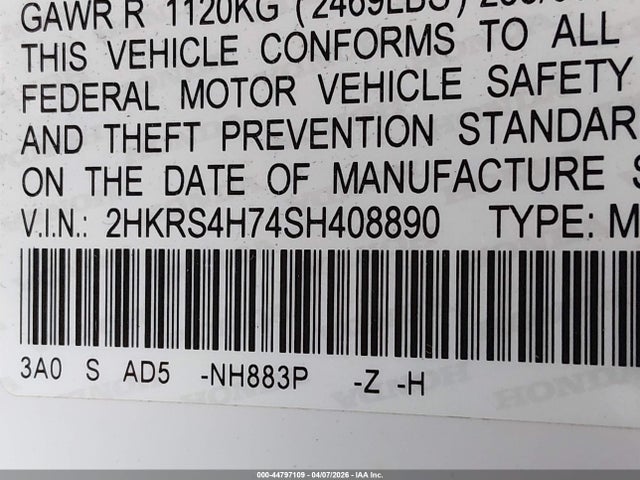 Продаж на аукціоні авто 2025 Honda Cr-v Ex-l Awd, vin: 2HKRS4H74SH408890, номер лоту: 44797109