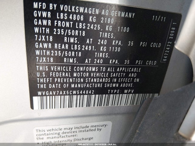 2012 VOLKSWAGEN TIGUAN WVGAV7AX5CW544842 Photo 8