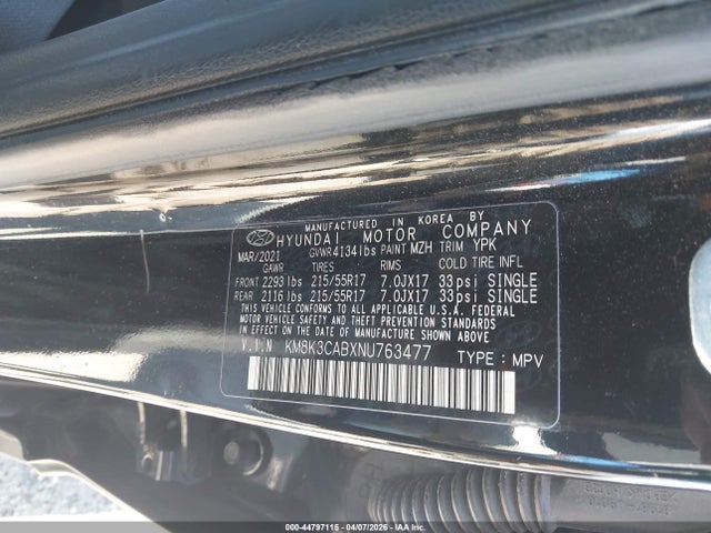 44797115 :رقم المزاد ، KM8K3CABXNU763477 vin ، 2022 Hyundai Kona Sel مزاد بيع