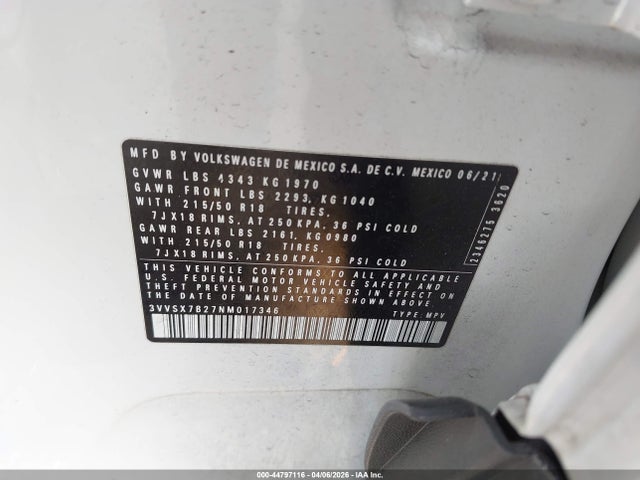 Продаж на аукціоні авто 2022 Volkswagen Taos 1.5t Se, vin: 3VVSX7B27NM017346, номер лоту: 44797116